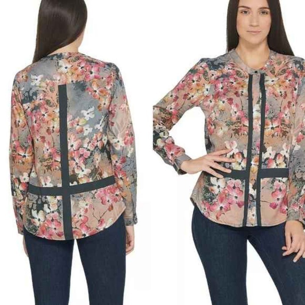 TOLANI COLLECTION 'ADELE' Floral Print Roll-Tab Sleeve Modal Blouse Top Shirt XS